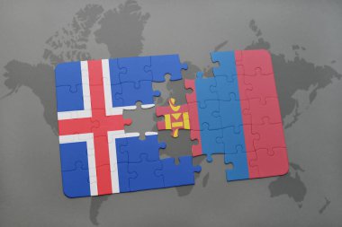 İzlanda ve Moğolistan ulusal bayrak bir dünya haritası üzerinde ile bulmaca