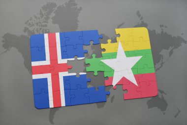 bir dünya haritası üzerinde İzlanda ve myanmar bayrağı ulusal ile bulmaca