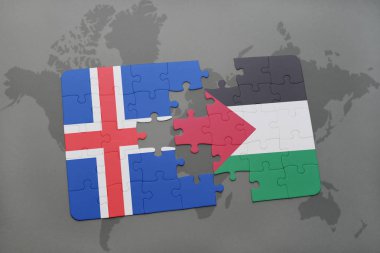 İzlanda ve Filistin Ulusal bayrak bir dünya haritası üzerinde ile bulmaca