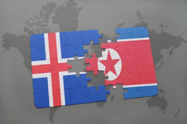 İzlanda ve Kuzey Kore ulusal bayrak bir dünya haritası üzerinde ile bulmaca