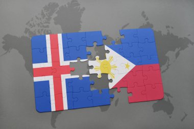 İzlanda ve Türkiye ulusal bayrak bir dünya haritası üzerinde ile bulmaca