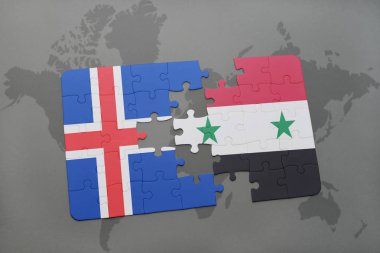 İzlanda ve Suriye ulusal bayrak bir dünya haritası üzerinde ile bulmaca