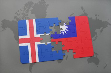 İzlanda ve Tayvan ulusal bayrak bir dünya haritası üzerinde ile bulmaca