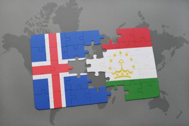 İzlanda ve Tacikistan Ulusal bayrak bir dünya haritası üzerinde ile bulmaca
