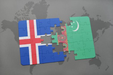 bir dünya haritası üzerinde İzlanda ve Türkmenistan bayrağı ulusal ile bulmaca