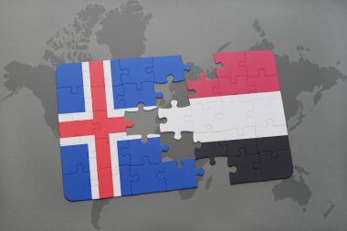 bir dünya haritası üzerinde İzlanda ve yemen bayrak ulusal ile bulmaca