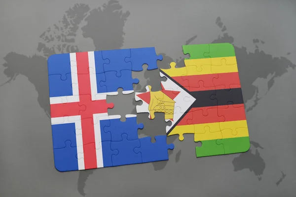 Rompecabezas con la bandera nacional de iceland y zimbabwe en un mapa del mundo —  Fotos de Stock