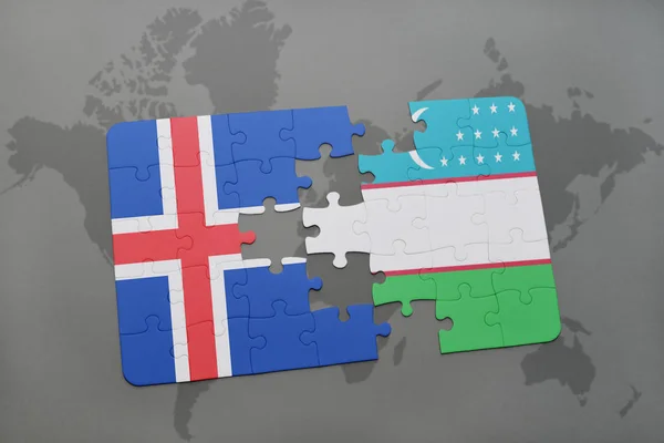 Puzzle mit der Nationalflagge von Island und Usbekistan auf einer Weltkarte — Stockfoto