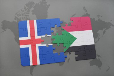 İzlanda ve sudan bir dünya haritası üzerinde bayrağı ile bulmaca