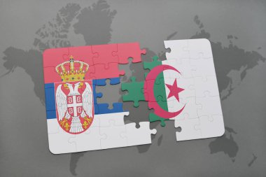 bir dünya haritası üzerinde Sırbistan ve Cezayir Ulusal bayrakla bulmaca