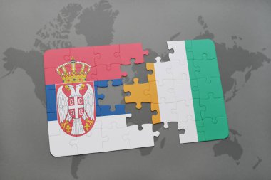 Sırbistan ulusal bayrak ile bulmaca ve Fildişi Sahili bir dünya haritası üzerinde