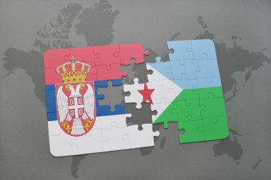 bir dünya haritası üzerinde Sırbistan ve Cibuti bayrağı ulusal ile bulmaca