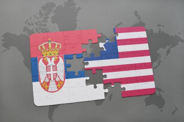 bir dünya haritası üzerinde Sırbistan ve Liberya bayrağı ulusal ile bulmaca