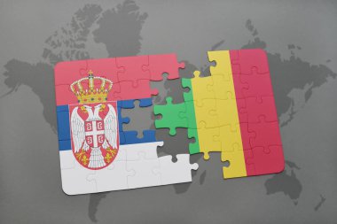 Sırbistan ve mali bir dünya haritası üzerinde bayrağı ile bulmaca