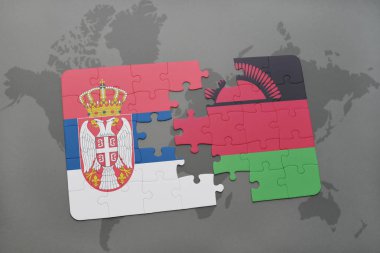 Sırbistan ve Malavi bir dünya haritası üzerinde bayrağı ile bulmaca
