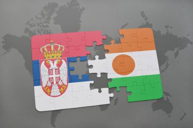 bir dünya haritası üzerinde Sırbistan ve Nijer Ulusal bayrakla bulmaca