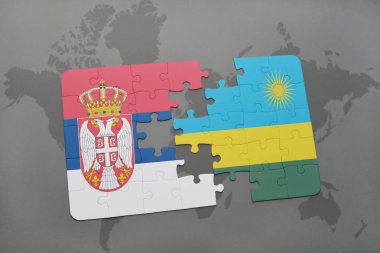 bir dünya haritası üzerinde Sırbistan ve Ruwanda'yı Ulusal bayrakla bulmaca