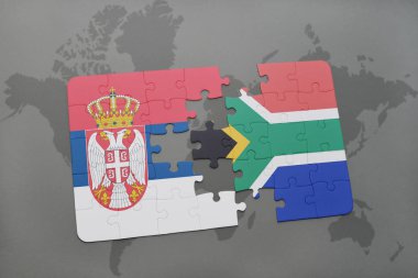 bir dünya haritası üzerinde Sırbistan ve Güney Afrika Ulusal bayrakla bulmaca