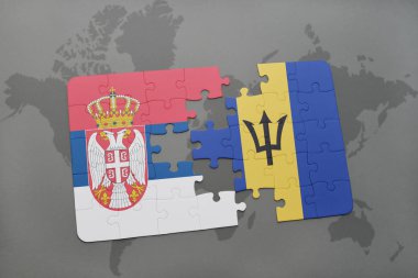 bir dünya haritası üzerinde Sırbistan ve barbados bayrağı ulusal ile bulmaca