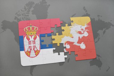 bir dünya haritası üzerinde Sırbistan ve bhutan Ulusal bayrakla bulmaca