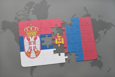 bir dünya haritası üzerinde Sırbistan ve Moğolistan Ulusal bayrakla bulmaca