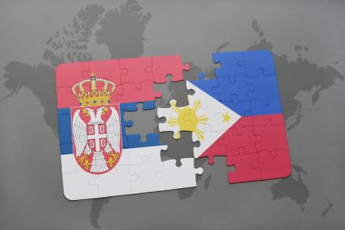 Sırbistan ve Türkiye ulusal bayrak bir dünya haritası üzerinde ile bulmaca