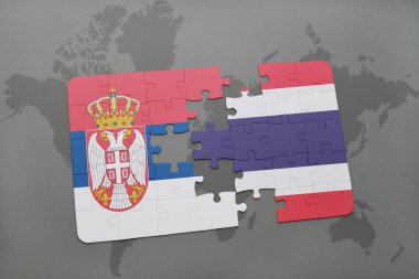 bir dünya haritası üzerinde Sırbistan ve Tayland Ulusal bayrakla bulmaca