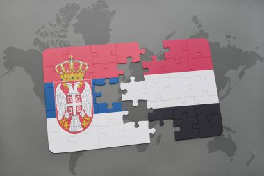 bir dünya haritası üzerinde Sırbistan ve yemen bayrak ulusal ile bulmaca