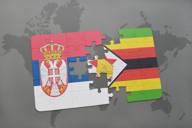 bir dünya haritası üzerinde Sırbistan ve Zimbabve Ulusal bayrakla bulmaca