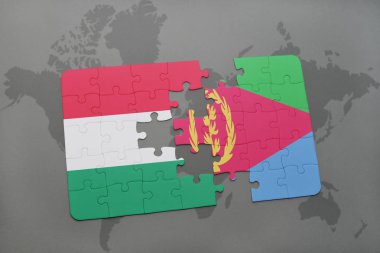 Macaristan ve Eritre ulusal bayrak bir dünya haritası üzerinde ile bulmaca
