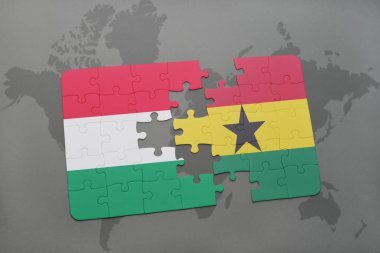 Macaristan ve Gana bir dünya haritası üzerinde bayrağı ile bulmaca