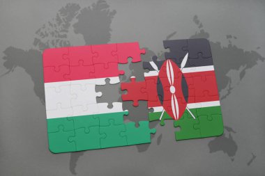 Macaristan ve kenya ulusal bayrak bir dünya haritası üzerinde ile bulmaca