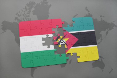 Macaristan ve Mozambik bir dünya haritası üzerinde bayrağı ile bulmaca
