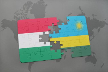Macaristan ve Ruanda bir dünya haritası üzerinde bayrağı ile bulmaca