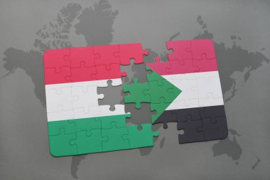 Macaristan ve sudan bir dünya haritası üzerinde bayrağı ile bulmaca