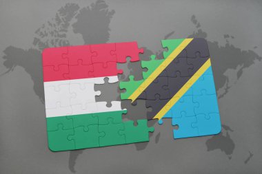 Macaristan ve Tanzanya bir dünya haritası üzerinde bayrağı ile bulmaca