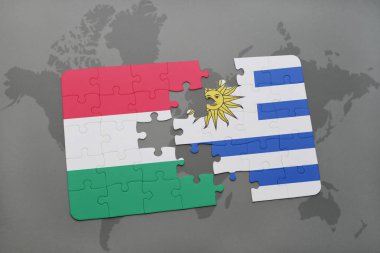 Macaristan ve uruguay ulusal bayrak bir dünya haritası üzerinde ile bulmaca