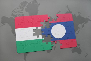 Macaristan ve laos ulusal bayrak bir dünya haritası üzerinde ile bulmaca