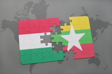 Macaristan ve myanmar ulusal bayrak bir dünya haritası üzerinde ile bulmaca