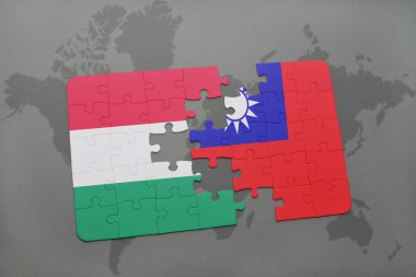 Macaristan ve Tayvan ulusal bayrak bir dünya haritası üzerinde ile bulmaca