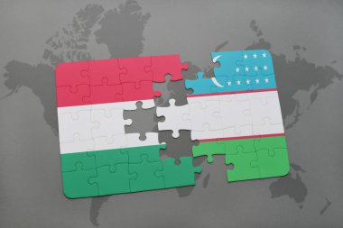 Macaristan ve Özbekistan'a bir dünya haritası üzerinde bayrağı ile bulmaca