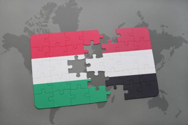 Macaristan ve yemen ulusal bayrak bir dünya haritası üzerinde ile bulmaca