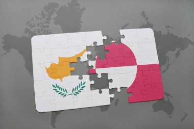 Kıbrıs ve Grönland Ulusal bayrak bir dünya haritası üzerinde ile bulmaca