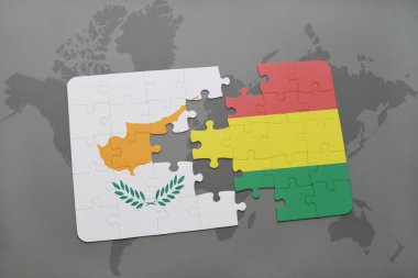 Kıbrıs ve Bolivya Ulusal bayrak bir dünya haritası üzerinde ile bulmaca