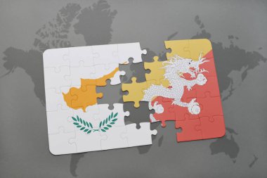 Kıbrıs ve bhutan ulusal bayrak bir dünya haritası üzerinde ile bulmaca