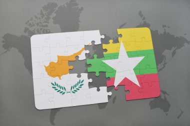 Kıbrıs ve myanmar ulusal bayrak bir dünya haritası üzerinde ile bulmaca