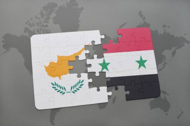 Kıbrıs ve Suriye ulusal bayrak bir dünya haritası üzerinde ile bulmaca