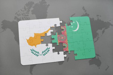 Kıbrıs ve Türkmenistan ulusal bayrak bir dünya haritası üzerinde ile bulmaca