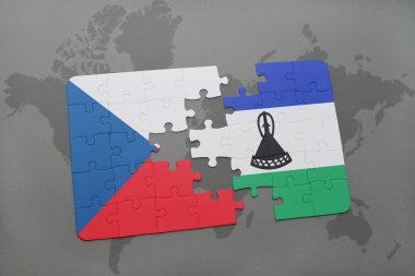 bir dünya haritası üzerinde Çek Cumhuriyeti ve Lesoto bayrağı ulusal ile bulmaca