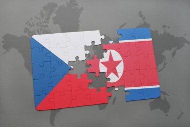 Çek Cumhuriyeti ve Kuzey Kore ulusal bayrak bir dünya haritası üzerinde ile bulmaca